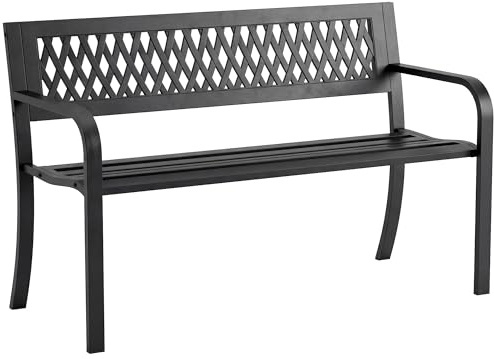 Outsunny Banco de Jardín Exterior de 2 Plazas, Banco Exterior con Asiento Listonado, Reposabrazos y Marco de Acero, para Patio, Terraza, 119x50x75 cm, Negro