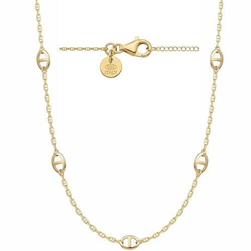 QUADRI Collana Donna Argento 925 Placcata Oro 18Kt - Catena Traversino e Maglia Marina Fatta a Mano in Italia - Lunghezza 45 cm con 5 cm Estensione - Gioielli Donna
