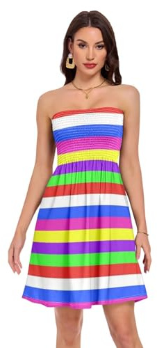FRODOTGV Axelbandslös bandeau-klänning smal passform silhuett matchande tryckt klänning skrynkelbeständig 95 % polyester 5 % spandex semester festklänning storlek liten, REGNBÅGSRÄNDER, XL