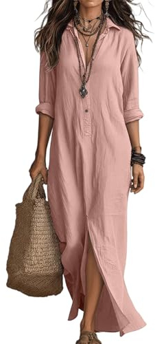 Women's Button V Neck 3/4 Sleeve Shirt Dress | Elegant Summer Fall Casual Solid Color Work Dresses Roll-up Sleeve Maxi Dress with Split