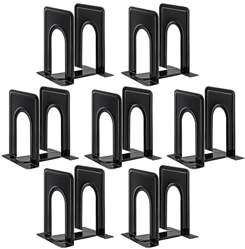 HappyHapi Book Ends, Non-Skid Metal Bookend Supports for Shelves, Heavy Duty Book End, Office Book Stopper, 6 x 5 x 6 Inches, 14 Pieces / 7 Pairs (Black)