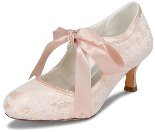 JIAJIA 140311 Bridal Lace Satin Low Heel Closed Toe Prom Party Dance Wedding Shoes Color Champagne,Size 5 UK / 38 EU