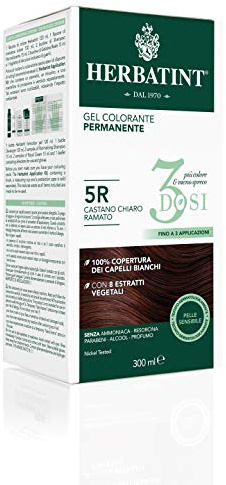 Herbatint Gel colorante permanente 3 dosis, 300 ml – 5R castaño claro cobrizo, sin amoniaco, para pieles sensibles, cobertura 100% para cabellos blancos, con 8 extractos naturales biológicos