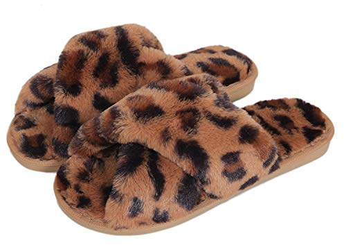 Fadezar Pantofole Peluche Donna Ciabatte da Casa Comode Invernali Moda Scarpe Sandali Slippers Marrone Leopard 39/40