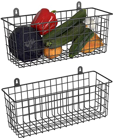 MaraFansie [Extra Large] Wire Basket 2-Pack Hanging Wall Organizer Cabinet Storage Basket Wall Mounted Shelves Rustic Farmhouse Decor for Home Kitchen Bathroom, BLACK