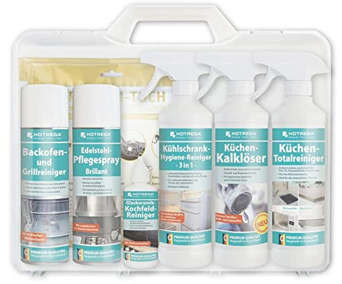 HOTREGA Küchen-Set Reinigung, Pflege, Desinfektion 8-teilig, Kochfeldreiniger, Backofenreiniger, Hygienereiniger, Allzweckreiniger, Edelstahlpflege, Microfasertuch
