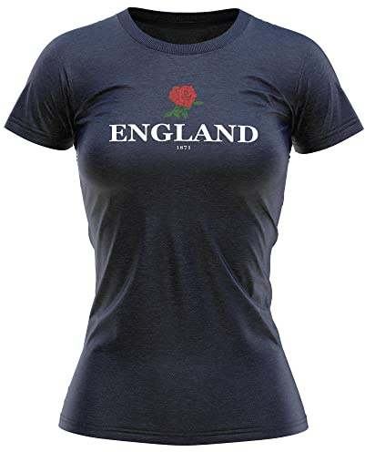 England 1871 Womens T Shirt English Rose Nations Supporters Rugby Tee Top, M, Navy