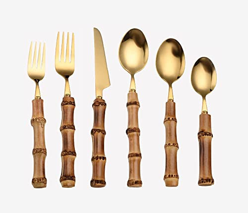 JUNNIU 6 Pezzi Posate da Cucina in Acciaio Inossidabile Coltello da Dessert, Forchetta e Cucchiaio, Set di Manico in bambù (Oro) (Oro ， Argento) Decoration