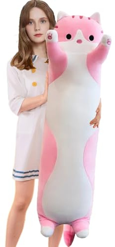 Aiuidun Peluche Chat Long 50cm - Grand Coussin Décoratif Chat pour Canapé, Oreiller Lombaire Super Doux, Peluche Géante pour Adulte, Cadeau Anniversaire Femme Ado (Rose)