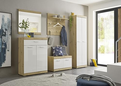 moebel-dich-auf Flur Garderobe Garderoben-Set NOVA 5-TLG. in Artisan Eiche Nb. / Weiß Hochglanz 255 x 195 x 38 cm