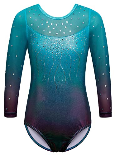 ZNYUNE – Justaucorps de gymnastique pour filles à manches longues/sans manches, dégradé de couleur scintillant, athlétique, pour le ballet et la danse, pour enfants de 3 à 12 ans, B285 Aqua 14A
