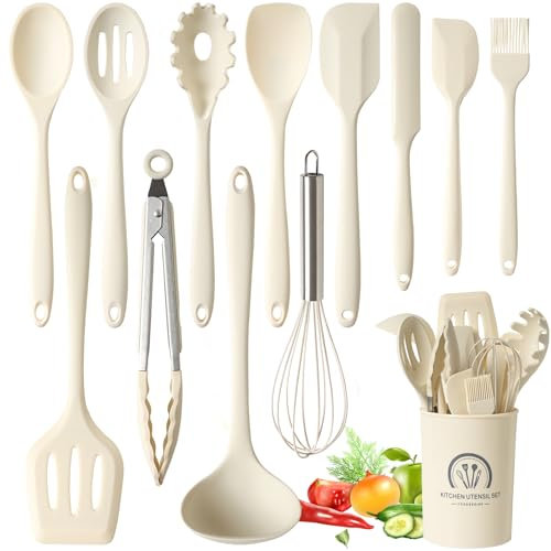 Omtofo 13 Pièces Set Ustensile Cuisine Silicone, sans BPA, Antiadhésive Anti-Rayures Cuisine Accessoires, Passe au lave-vaisselle - Beige