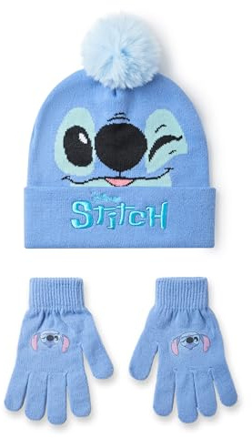 Disney Lilo & Stitch Mädchen-Beanie-Mütze und Handschuhe-Set | Blaue gestrickte Wintermütze mit Maschencharakter-Gesicht | Bommelmütze für Kinder in Einheitsgröße mit Handschuhen