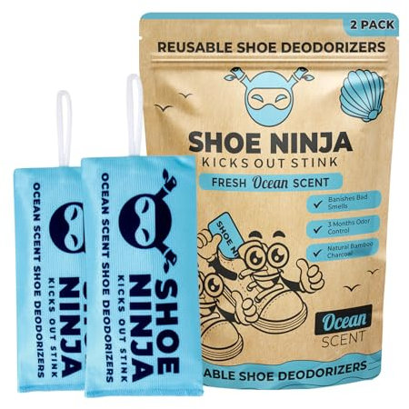 Shoe Ninja Shoe Deodorizer - Shoe Odour Eliminator with Activated Charcoal, Versatile and Reusable Deodoriser Bags for Shoes, Football Boot Deodoriser and Shoe Smell Remover, Great for Sports - 2 Pack