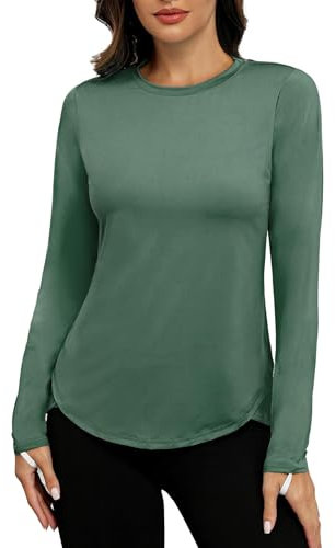 PINSPARK Sport Tshirt Damen Langarm Sport T Shirt UPF 50+ Schnelltrocknend Uv-Schutz Shirt Lässig Workout Laufen Yoga Top Winter Rashguards Wanderoberteile Dunkelgrün XL