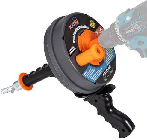 KATSU Tools Drum Auger Plumbing Snake Wire 6.35mm x 7.5m, Use Manually or Drill Powered, Drain Clog Unblocker Auger, for Kitchen Sink, Bathtub and Drainage Pipe 318712