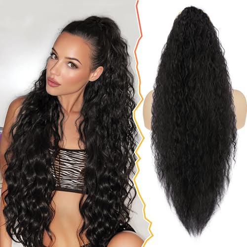 BARSDAR Lockige Wellige Ponytail Extension mit Kordelzug, 76cm Pferdeschwanz Haarteil Synthetisches Natürliches Kamm Clip Pferdeschwanz Verlängerung Haarteile - Schwarz Braun