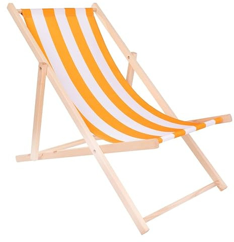 Specwood Strandliege Klappbar Leicht - 119x58 cm - Liegestuhl klappbar Holz für Garten, Balkon - Sonnenliege Holz wetterfest - Klappliegestuhl aus Buche mit Baumwollstoff - Strandstuhl - Weiß & Orange