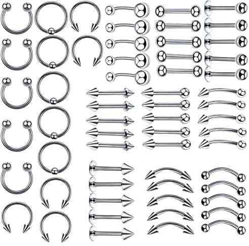 PonFxp 60Pcs 16G Stainless Steel Piercing Jewellery, 8mm Vertical Labret Lip Bars Curved Barbell, Eyebrow Piercing & Lip Piercing Jewellery for Women, Smiling Face Design Piercings Jewellery