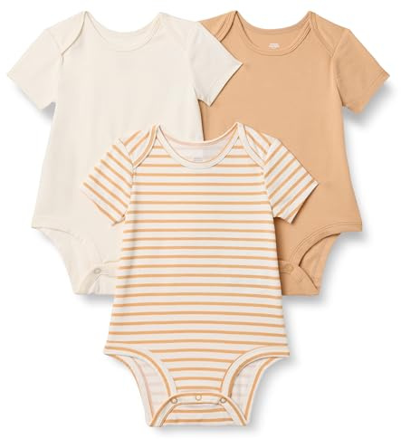 Amazon Essentials x Sofia Grainge Unisex Babies' Breathable Short Sleeve Crewneck Bodysuit, Pack of 3, Ivory/Light Camel/Stripe, 0-3 Months