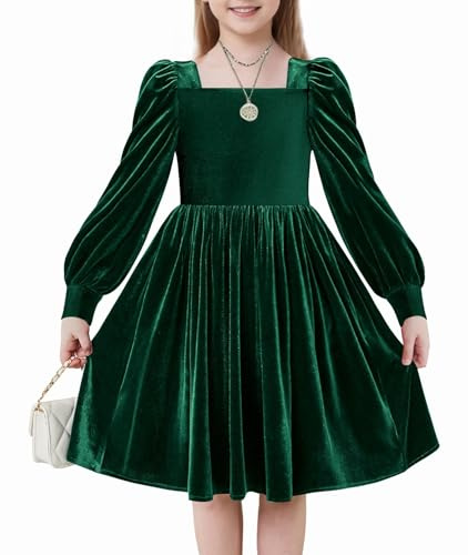 Arshiner Niñas Vestidos Terciopelo Invierno Elegante Festivo con Cuello Cuadrado Mangas de Linterna Casual Manga Larga Vestidos para Niños 8-9 Años Verde