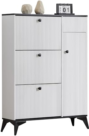 Scarpiera Inclinata Stretta con 3 Ante Ribaltabili, Cassetto e Porta - Armadio Scarpe Moderno per Ingresso Piccolo (90x25x121 cm), Design Anti-Ribaltamento, Organizzatore Multifunzionale (Bianco+Nero)