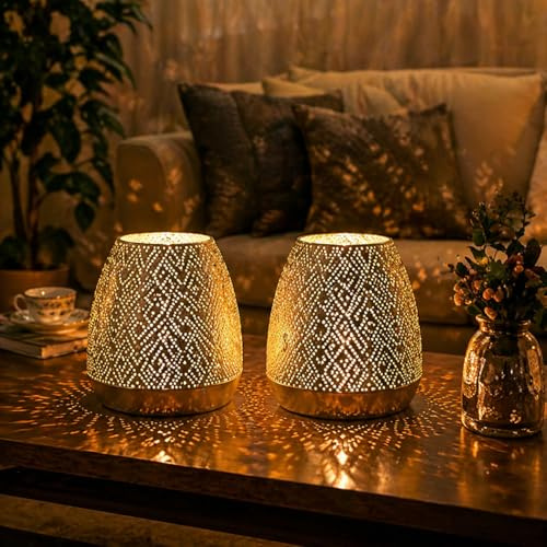 JHY DESIGN Hammered Metal Lamps 7'' High Battery Powered Vintage Decorative Table Lamps with Fairy Lights Bulb for Home Living Room Garden Yard Party Events Tabletop Indoor Outdoor(Gold and Silver)