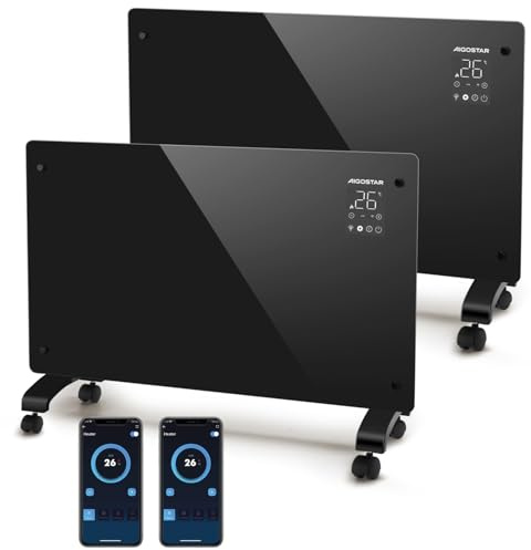 Aigostar Radiador Electrico Bajo Consumo Silencioso, Convector Eléctrico Panel de Vidrio Ultra Fino. Conexión Wi-Fi, Temporizador de 24H, 3 Modos, Pantalla LED Táctil. Programable, Negro, 2 Unidades