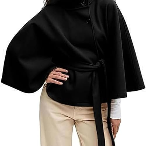 Manteau Court en Laine Mélangée for Femme, Poncho À Manches Chauve-Souris, Veste Cape en Laine À Col Montant Et Ceinture, Veste Cape À Boutons(Black,L)