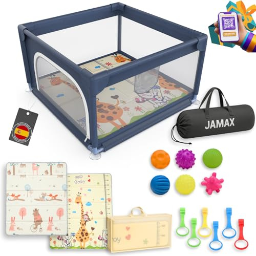 JAMAX Parque Infantil Bebe 120x120 | Corralito bebe | Parque bebe Alfombra Acolchada Reversible 1,5 cm de Grosor + 6 Pelotas Sensoriales +6 Agarraderas + Bolsa transporte (120 x120)