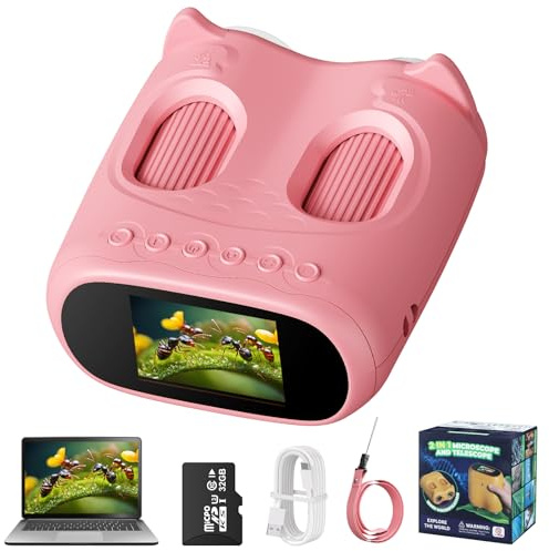 Cheffery 2 in 1 Microscopio Bambini e Telescopio, Microscopio Digitale Bambini con Scheda 32GB, 1000X Microscopio Portatile con Schermo IPS da 2,0 Pollici e 8 Luci LED, Regalo per Bambini dai 3 Anni