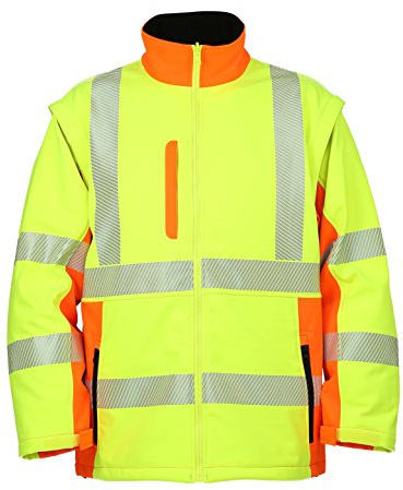 LeiKaTex Warnschutz-Softshelljacke mit Stehkragen und abnehmbaren Ärmeln (XL, Neongelb/Orange) Funktionsmaterial, Taschen, Reflexstreifen, Kinnschutz, Winter Arbeitsjacke Warnschutzjacke EN 20471