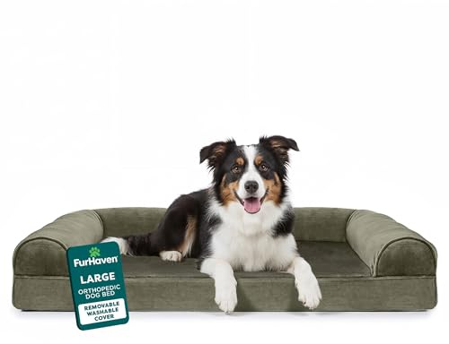 Furhaven Orthopedic Dog Bed for Large/Medium Dogs w/ Removable Bolsters & Washable Cover, For Dogs Up to 55 lbs - Faux Fur & Velvet Sofa - Dark Sage, Large