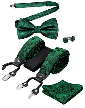 Alizeal Mens Paisley Suspender and Bowtie, Hanky, Cufflinks-Dark Green
