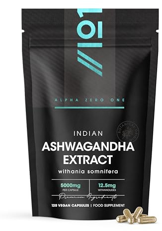 Ashwagandha Extract 5000mg - 5% Withanolides (12.5mg) - 120 Vegan Capsules - Made with BioPerine® Black Pepper for Higher Bioavailability (4 Month Supply) by Alpha01