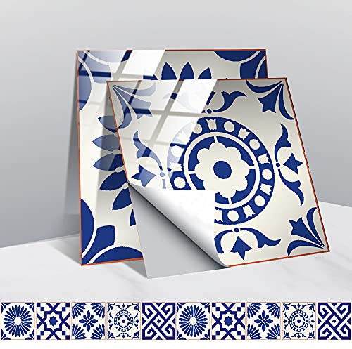 Hiseng 30 Stück Fliesenaufkleber, Hiser Retro Böhmen Monaco Stil Wasserdicht Ölfest Stickerfliesen Mosaik Marmor Deko Selbstklebende Fliesenfolie für Badezimmer Wohnzimmer Küche (Blau,20x20cm)