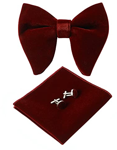 HOULIFE Bow Tie Set for Men – Adjustable Velvet Pre-tied Bowtie, Solid Colour Pocket Square, Cufflinks Set for Groom Wedding Party Formal with Gift Box (Burgundy)