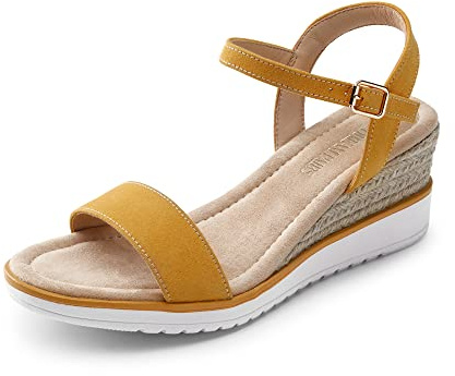 DREAM PAIRS Sandalia de Vestir Cómodo para Mujer con Tacón Cuña Zapatos de Tacón Clásicos de Punta Redonda con Hebillas y Tiras Verano AMARILLO SDPW2342W-E Talla 39 (EUR)