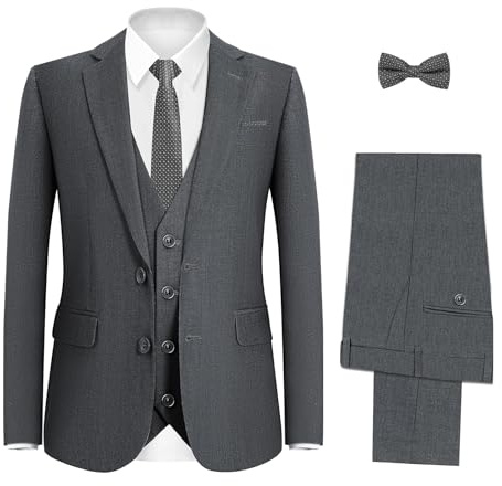 Happy Dolphin Boy Suit Slim Fit 5 Pieces Kids Suit Boy Wedding Suit Communion Ring Bearer Size 5 Tuxedo Outfit Charcoal Dark Grey Set Dress Clothes Teen Youth Adjustable Waist