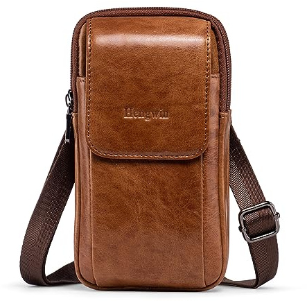 hengwin Multifuncional cuero genuino doble cremallera bolsillos hombres vintage look bolso bolso de hombro teléfono cinturón bolsa teléfono funda para viajes actividades al aire libre (Marrón)