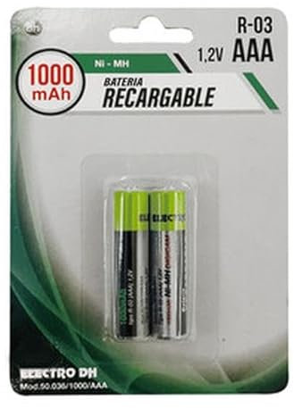 Pila Recargable AAA 2ud 1000mAh R-03 para Dispositivos electrónicos, Control Remoto y Juguetes.