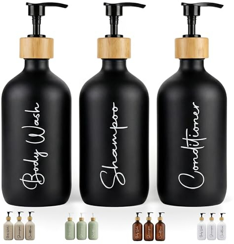 FCINNOVA Dispensador Jabon Baño Negro Mate 500ml Set de 3 Botes para Gel y Champu Acondicionador Embudo para Rellenado Este Dosificador Jabon Baño es Elegante practico y mantendra su Ducha ordenada