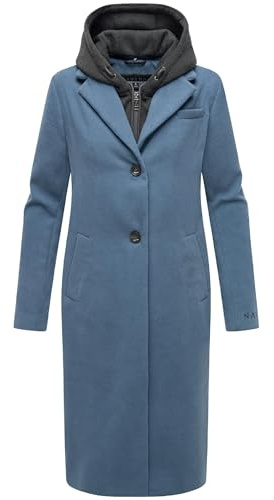 Navahoo Cappotto da donna, effetto lana, trench lungo, leggermente oversize, con inserto con cappuccio (rimovibile), in materiale felpato, 14 XS-3XL, Blu polveroso, XS