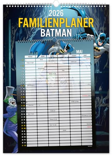 NOTIQUE Väggkalender XXL 2026 – månadsplanerare kan användas som familjeplanerare med 6 kolumner – månadskalender månadsplanerare kalender 33 x 46 cm (Batman)