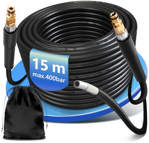 Tubo flessibile per la pulizia dei tubi, 15 m, 3 strati di treccia in aramide + PU + PE, 400 bar 60 °C, Compatibile con Kränzle Kärcher K2 K3 K4 K5 K6 K7 idropulitrice ad alta pressione