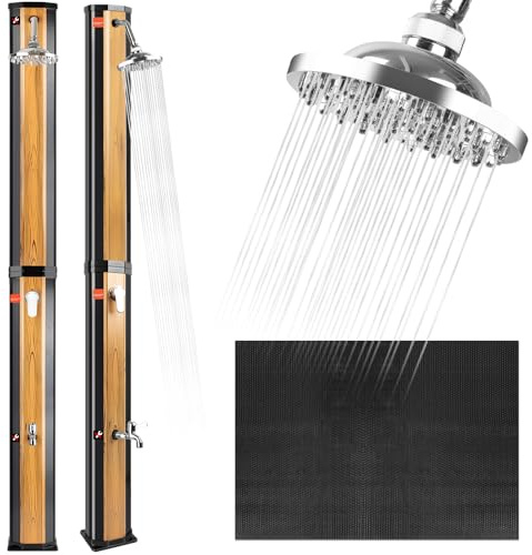 COOLWEST Ducha Solar de 60 litros con Alfombrilla de Plástico, Ducha Solar para Jardín con Cabezal de Ducha Giratorio 360° y Ducha de Pies, Temperatura Ajustable, Ducha Solar Exterior, Agua Caliente