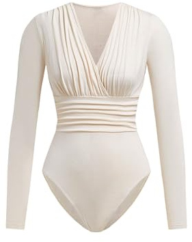 WDIRARA Women's Ruched Cross Wrap Bodysuit V Neck Long Sleeve Leotard Body Suit Beige Medium