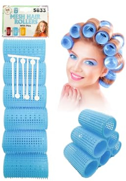 Mesh Hair Rollers with Pins Set – No Heat Self Grip Curlers for Women & Girls | Professional Salon & Barber Hairdressing Rollers | Lightweight Mesh Plastic Curlers for Volume, Curls (6, 3.0cm)