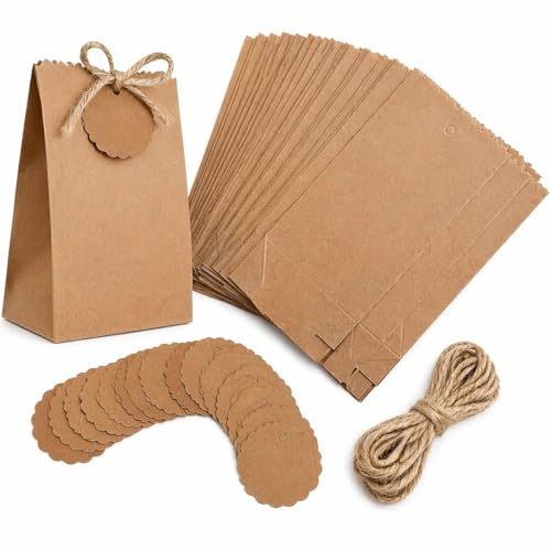 Sacchettini di Carta Kraft con Bigliettini Rotondi e Spago, 12x7x4 cm, Set da 24 Pezzi, Stile Rustico per Regali e Feste