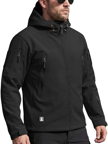 FREE SOLDIER Men's Outdoor Waterproof Soft Shell Hooded Military Tactical Rain Jacket (Black, L)